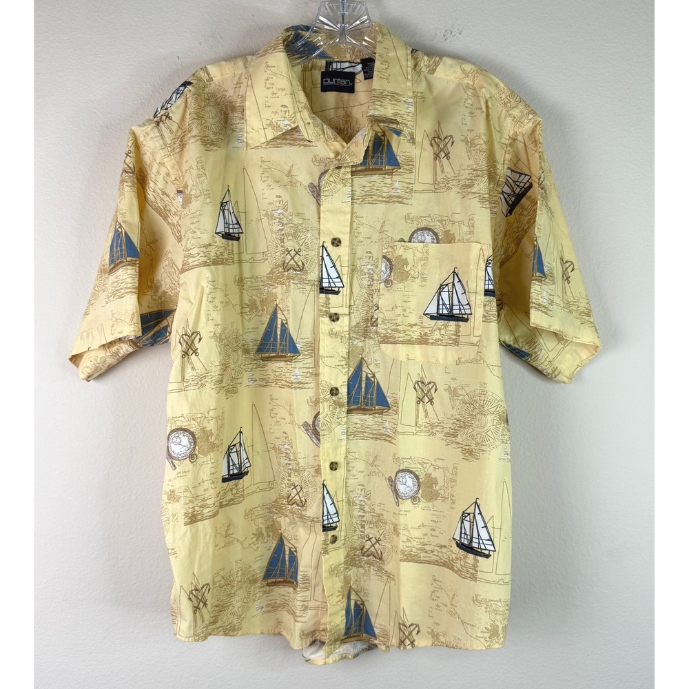 Puritan Shirt Mens Large Yellow Sailboat Nautical Map Print Cotton Button Down